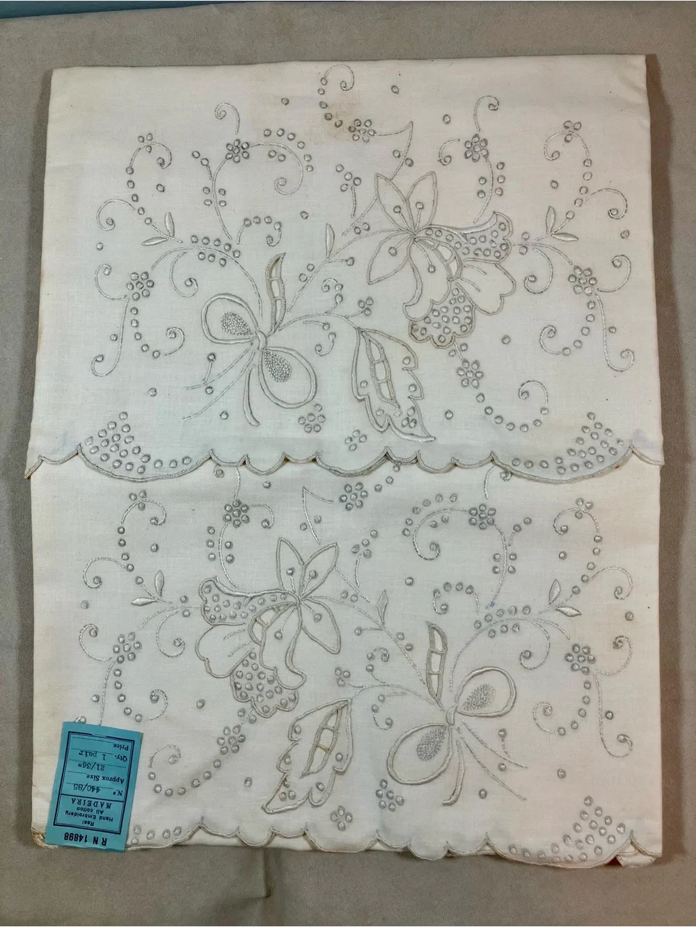 Vintage 60s Cotton Madeira, Portugal Hand-Embroidered Pillowcases/NWT- Set of 2